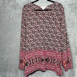 Skyes The Limit 3X Shirt Top Red Floral Flower Peasant Long Sleeve V Neck